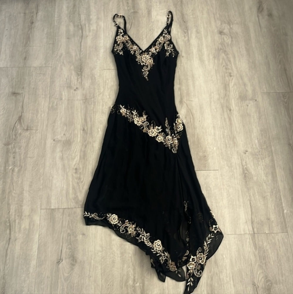 Cache 100% Silk Asymmetrical Black and Gold Embroidered And Beaded Dress